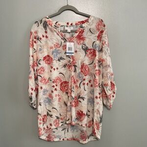 Coral Bay Knit Top Womens XL White Pink Floral 3/4 Roll Sleeve Y-Neck
